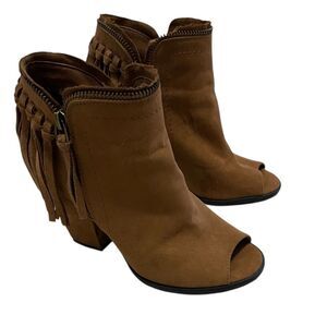 DV Dolce Vita Ankle Booties Heels Peep Toe Fringe Women Size 6 Faux Suede Brown